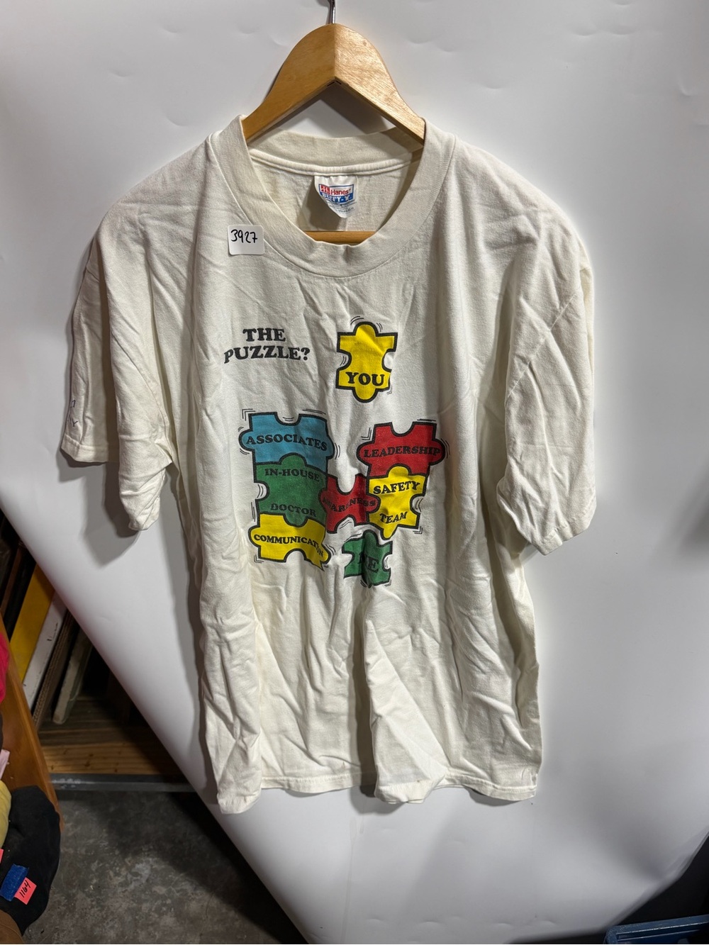 #3927-Hanes Beefy-T Cream Graphic Tee with Multicolor Print